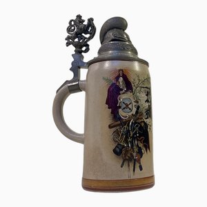Münich Bier Stein with Hand-Painted Military Scene, 1920s