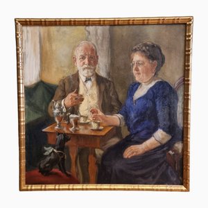 Pause Café avec Chien Pinscher de Qualité, 1900, Huile sur Toile, Encadrée