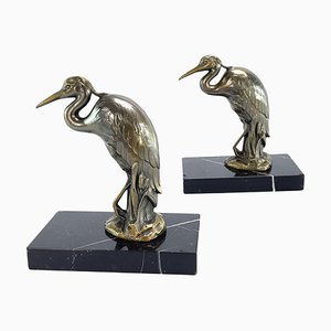 Art Deco Bookends with Heron Bird Marble Base, 1930s, Set of 2