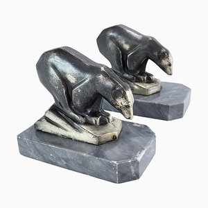 Art Deco Bookends with Polar Bears Marble Base, 1930s, Set of 2