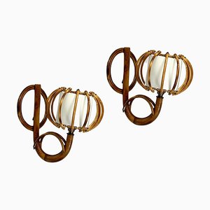 Rattan & Bamboo Sconces by Louis Sognot, France, 1950s, Set of 2