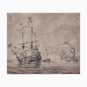 Ludolf Bakhuisen, Dutch Men O War Setting Sail in a Fresh Breeze, 1660, Ink & Wash