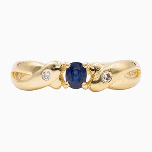 Vintage 18k Yellow Gold Ring with Sapphire and Diamonds, 1970s