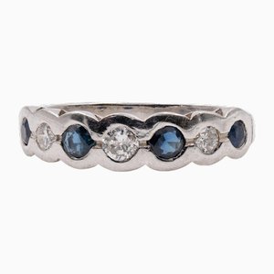 14k White Gold Band Ring with Diamonds and Sapphires, 1980s