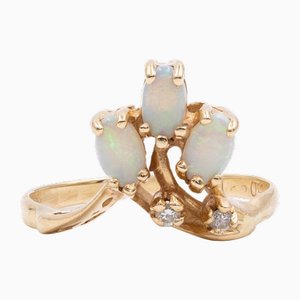 Vintage 14k Yellow Gold Opal and Diamond Ring, 1970s