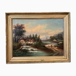 Paesaggio lungo il fiume e montagne in lontananza, fine XIX secolo, olio su tela, con cornice