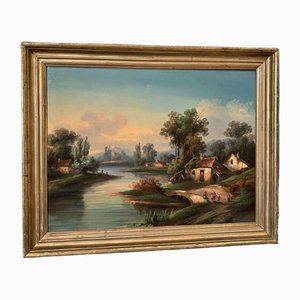 Paesaggio sul bordo di un corso d'acqua, fine XIX secolo, olio su tela, con cornice