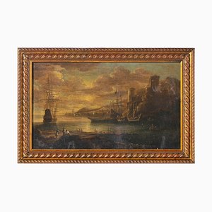 English School Artist, Sea Port, 18th Century, Oil on Canvas, Framed