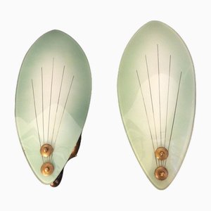 Sconces in Satin Glass and Brass, Italy, 1950s, Set of 2