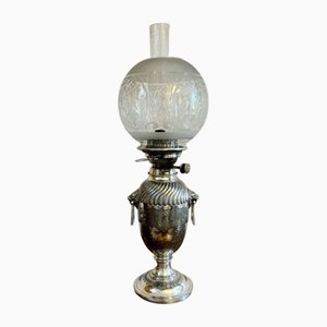 Lampada da tavolo antica vittoriana placcata in argento a olio, metà XIX secolo