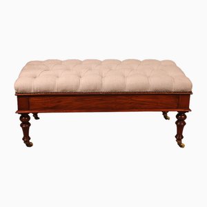 Banc en Noyer Recouvert de Tissu Chesterfield, 19ème Siècle