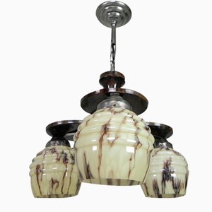 Art Deco Hanging Lamp with 3 Glass Marbled Shades, 1930s