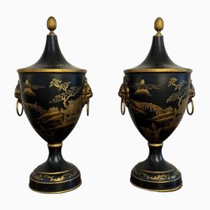 French Hand Painted Toleware Chestnut Urns, 1930, Set of 2