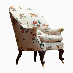 19th Century Swedish Armchair with Linen Flora and Fauna Fantasy Print Fabric, 1890s