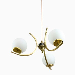 Lustre Mid-Century en Laiton et Opaline, Italie