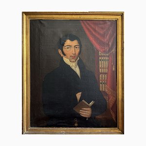 Retrato de un caballero en su biblioteca, década de 1800, óleo sobre lienzo, enmarcado
