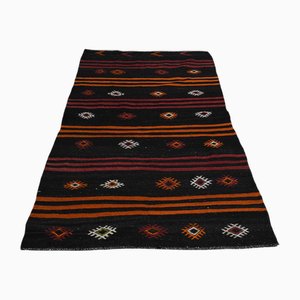 Tapis Vintage à Motifs Rayés en Laine Noir Orange Rose, Turquie, 1960s