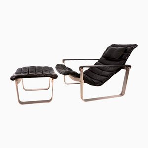 Asko Pulkka Lounge Chair with Ottoman in Leather by Ilmari Lappalainen for Asko, 1960s, Set of 2