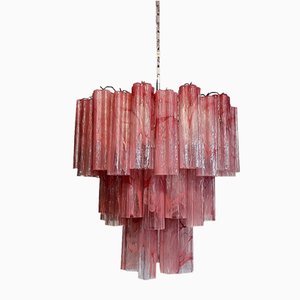 Large Three-Tier Murano Glass Tube Chandelier in Pink Albaster, 1990s