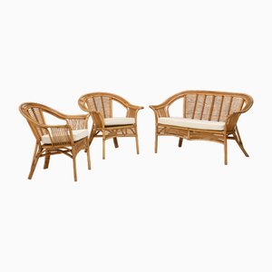 Set di divani e poltrone in bambù, anni '50, set di 3
