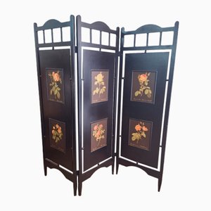 Vintage Screen Room Divider in Black Lacquered Wood with Rose Prints