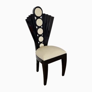 Deco Line Chair in Black Lacquered Wood and Ivory Eco-Leather, 1980s