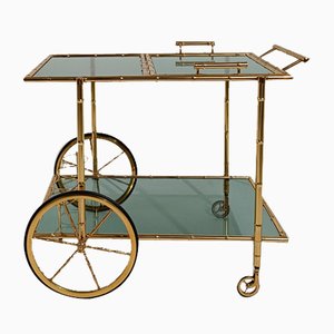 Mid-Century Modern Gilded Brass & Faux Bamboo Bar Cart with Removable Tray Top, 1970s