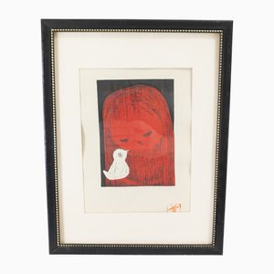 Kaoru Kawano, Ragazza giapponese Mid-Century moderna con uccello, anni '70, xilografia, cornice