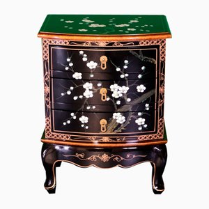 Black Lacquer Bedside Table with Hand Painted Blossom & Gold Decoration