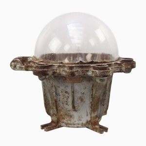 Vintage Industrial French Grey Cast Iron and Clear Glass Table Lamp by Perfeclair, Paris, 1967
