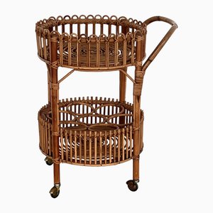 Mid-Century Italian Bamboo and Rattan Serving Bar Cart or Trolley, 1970s