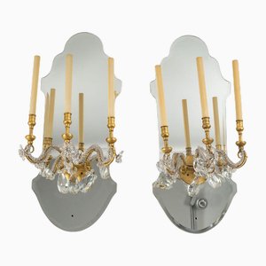 Gilded Iron and Mirror Sconces with Glass Drops, 1960s, Set of 2