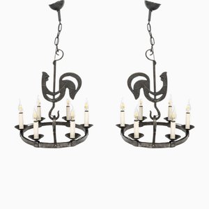 Wrought Iron Chandeliers attributed to Jean Touret for Marolles Workshop, 1960s, Set of 2