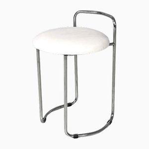 Modern Italian Round Chromed Metal Stool and White Faux Leather, 1980s