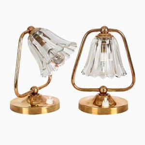 Lámparas de mesa Bell de cristal de Murano y latón atribuidas a Barovier para Erco, Italia, años 40. Juego de 2