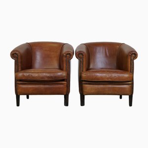 English Cognac Colored Cowhide Club Chairs with Loose Seat Cushions, Set of 2