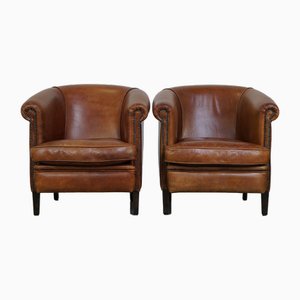 Fauteuils Club en Cuir de Vache Couleur Cognac avec Coussins d'Assise Libre, Set de 2