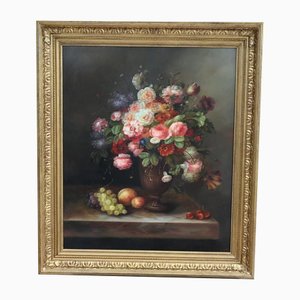 Artista vittoriano, composizione floreale, pittura a olio, con cornice