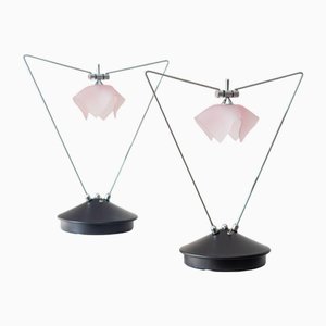 Lámparas de escritorio de vidrio y cromo rosa, años 80. Juego de 2