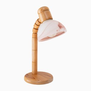 Lampe de Bureau en Pin avec Abat-jour en Verre Glacé Rose de Solbackens Svarveri, 1970s