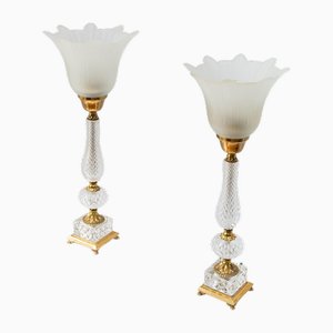 Lámparas de mesa neoclásicas de cristal tallado y latón, Italia, años 50. Juego de 2