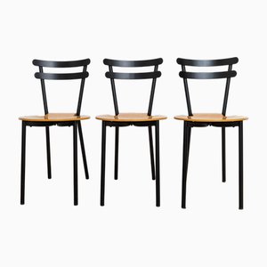 Sillas de comedor italianas Mid-Century de acero negro y madera, Italia, años 70. Juego de 3