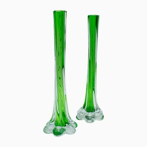 Vintage French Art Glass Twist Stem Vases with Flower Sleeve, 1950s, Set of 2