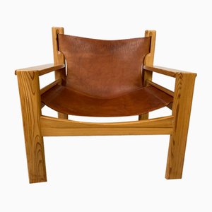 Fauteuil Mid-Century en Pin et Cuir Saddle, Suède, 1970s