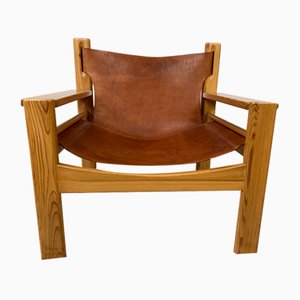 Mid-Century Swedish Lounge Chair in Pine and Saddle Leather, 1970s