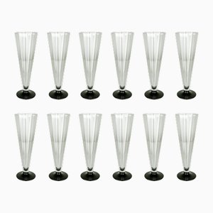 Clear & Black Murano Glass Octagonal Flutes Series by Carlo Moretti, 1974, Set of 12