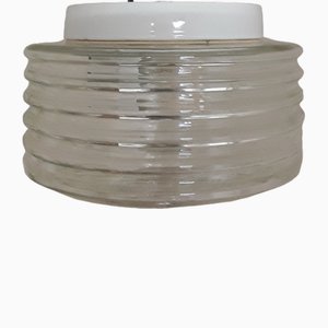 Deutsche Vintage Deckenlampe mit klarem Glasschirm auf weißer Porzellanhalterung von Lindner, 1970er