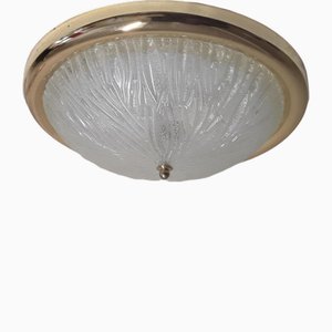 Vintage Ceiling Lamp with Ice Glass Shade on a Brass Mount, 1980s