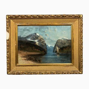 Willy Erik Helfert, Paysage alpin au bord du lac, XXe siècle, huile sur toile, encadrée