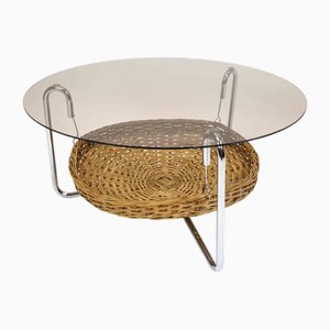 Round Smoked Glass Coffee Table with Chrome Frame and Wicker Basket from Rohè Noordwolde, 1960s